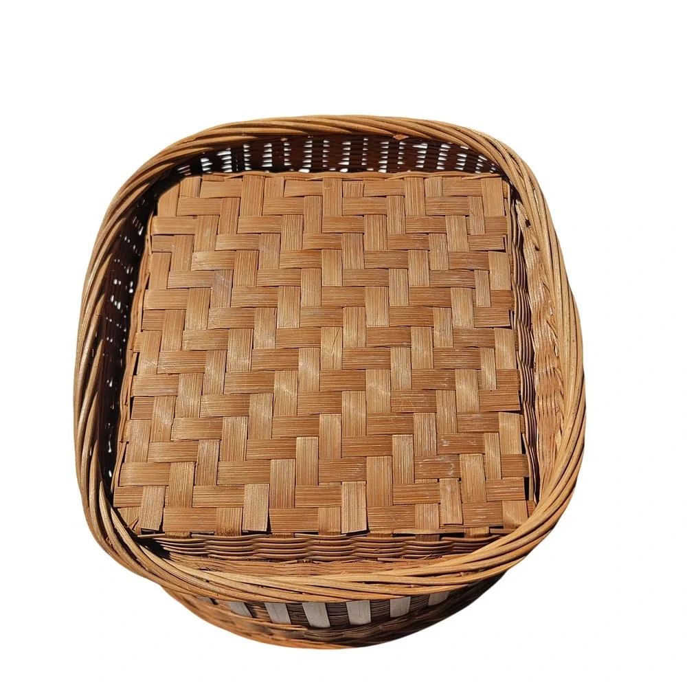 Vintage Woven Bamboo Rattan Basket Tapered Round Top Square Base Boho Decor 10in